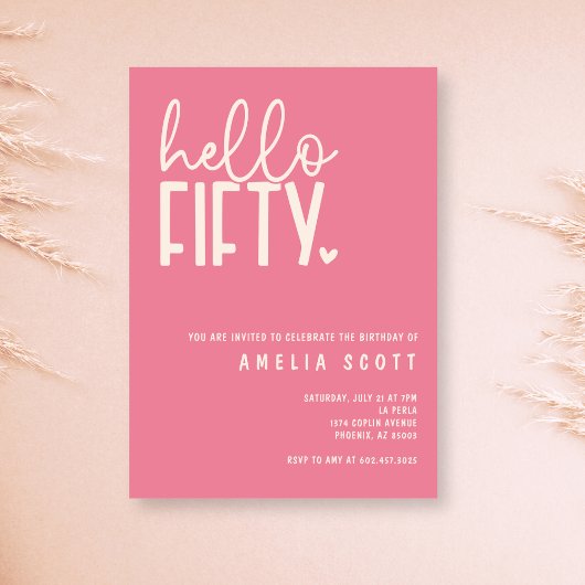 Hallo Vijftig 50e Verjaardag Modern Roze Minimaal Kaart