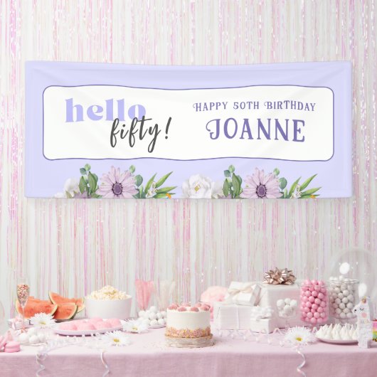 Hallo Vijftig, Aangepast jaar en naam Delicate Flo Spandoek (Feest)