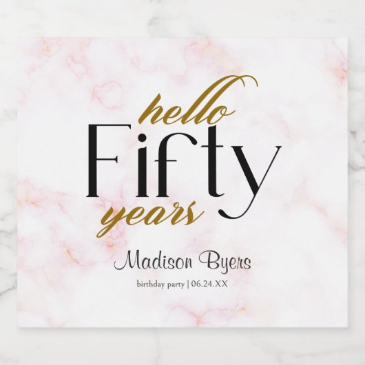 Hallo Vijftig chique marmer 50ste verjaardagsfeest Sparkling Wijnetiket (Enkel label)