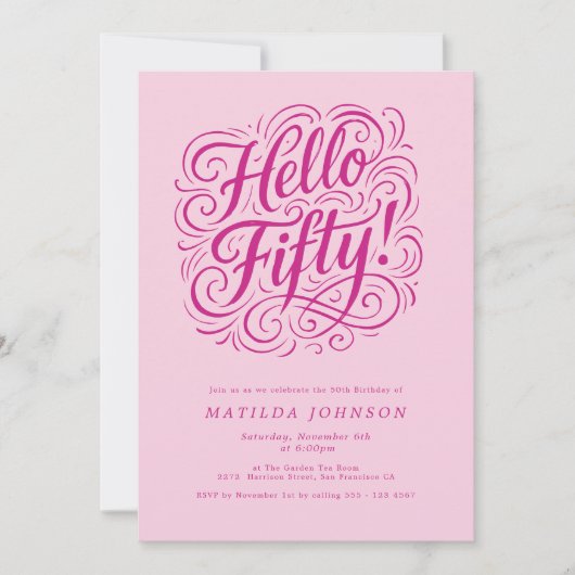Hallo Vijftig! Elegant Roze 50ste Verjaardagsfeest Kaart (Voorkant)