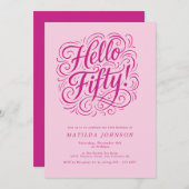 Hallo Vijftig! Elegant Roze 50ste Verjaardagsfeest Kaart (Voorkant / Achterkant)
