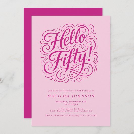 Hallo Vijftig! Elegant Roze 50ste Verjaardagsfeest Kaart (Voorkant / Achterkant)