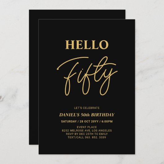 Hallo Vijftig | Goud & Zwart 50ste verjaardagsfees Kaart (Voorkant / Achterkant)