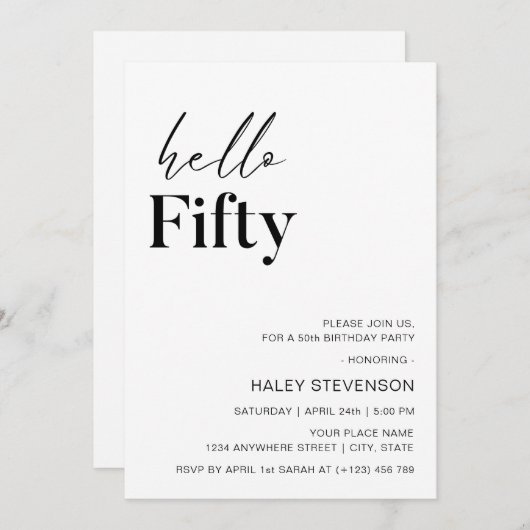 Hallo Vijftig Modern Wit Minimalist 50ste verjaard Kaart (Voorkant / Achterkant)