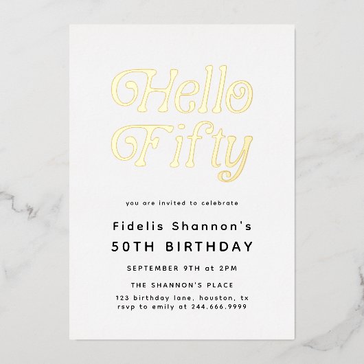 Hallo Vijftig moderne retro 50e verjaardag Folie Uitnodiging (Voorkant)