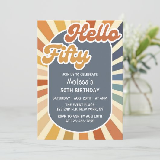 Hallo Vijftig Retro Sun Groovy Wave 50ste verjaard Kaart (Staand voorkant)
