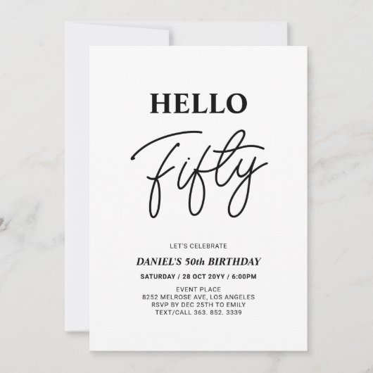 Hallo Vijftig | Zwart & Wit 50ste verjaardagsfeest Kaart (Voorkant)