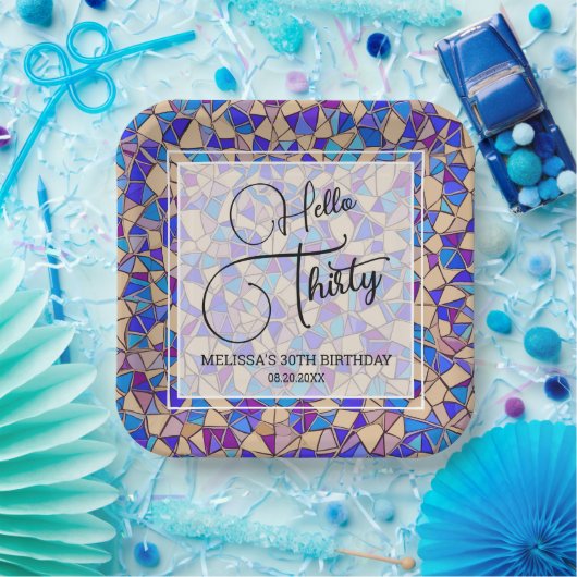 Hallo Violet Blauw Mozaïek Papieren Bordje (Feest)