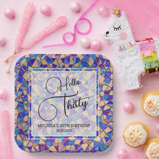 Hallo Violet Blauw Mozaïek Papieren Bordje (Feest)