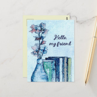 Hallo Vriend Boeken Lezen Bloemen Boeket Blauw Briefkaart