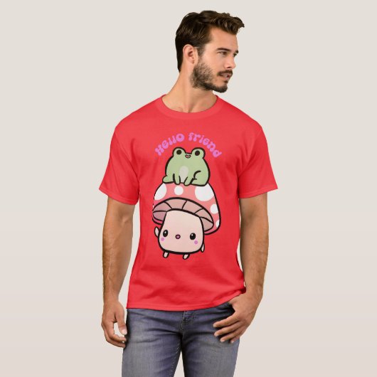 Hallo Vriend Een Schattigee paddenstoel en kikker  T-shirt (Voorkant volledig)