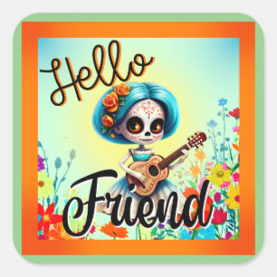 Hallo Vriend Suiker Schedel Vierkante Sticker
