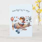 Hallo Vriendschap Kind Vliegende Whimsical Vliegtu Kaart (Gele Bloem)