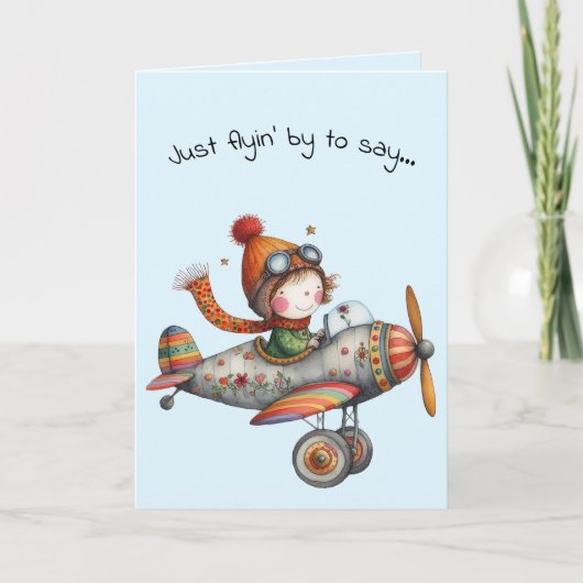 Hallo Vriendschap Whimsical Kind Vliegend Vliegtui Kaart (Voorkant)