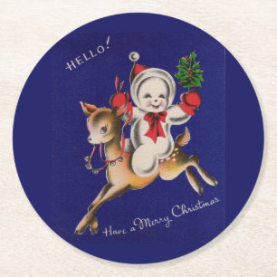 hallo! Vrolijk kerstsnowman op rendier Ronde Kartonnen Onderzetter