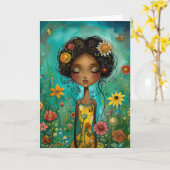 Hallo Vrouw en bloemen illustratie stijl Kaart (Gele Bloem)