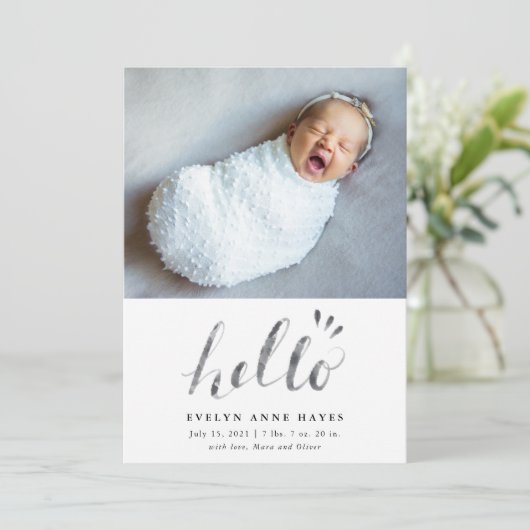 hallo Waterverf Script Baby Fotogeboorte Aankondiging (Staand voorkant)
