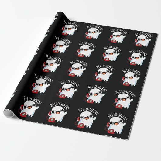 Hallo-ween Grappige Geest Punt Donkere BG Cadeaupapier (Uitgerold)