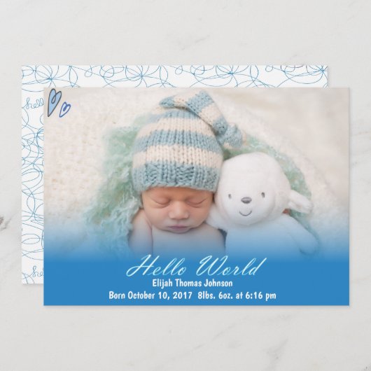 Hallo Wereld Baby Boy Geboorteaankondiging Aankondiging (Voorkant / Achterkant)