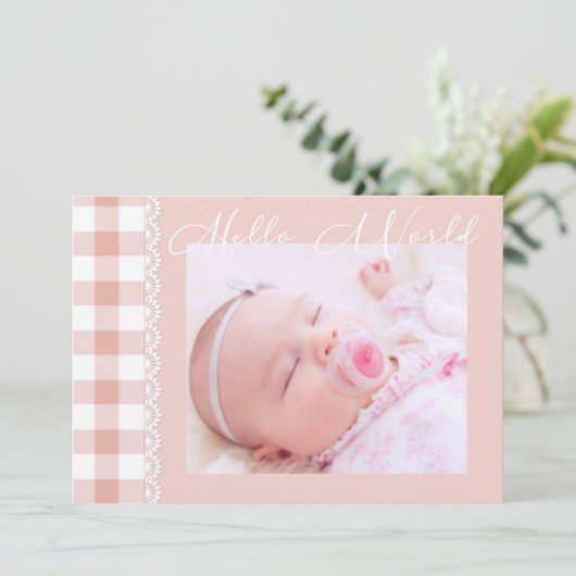 Hallo Wereld Baby Meisje Geboorte aankondiging (Staand voorkant)