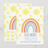 Hallo Wereld Boho Regenboog Zon Geboorte Aankondig Kaart (Voorkant / Achterkant)