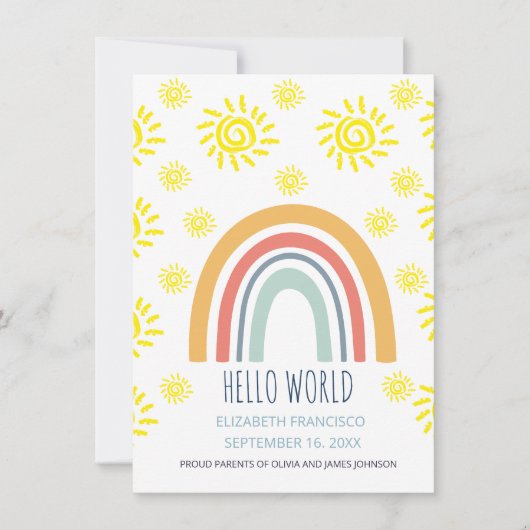 Hallo Wereld Boho Regenboog Zon Geboorte Aankondig Kaart (Voorkant)