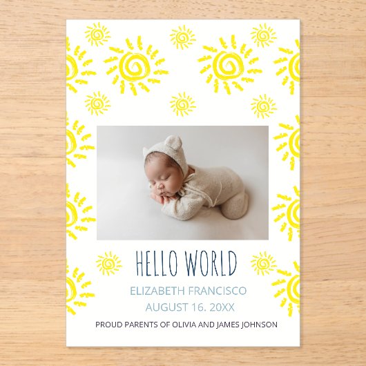 Hallo Wereld Boho Zon Geboorte Baby Aankondiging A (Voorkant)