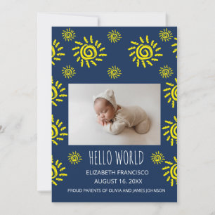 Hallo Wereld Boho Zon Geboorte Blauwe Baby Aankond Kaart