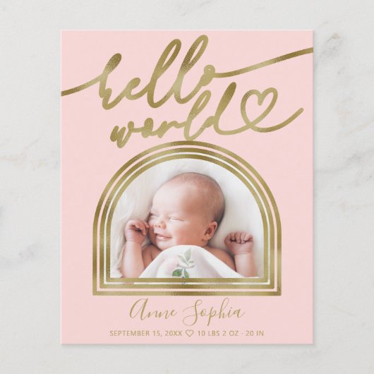 Hallo Wereld Boog Frame Budget Geboorteaankondigin (Voorkant)