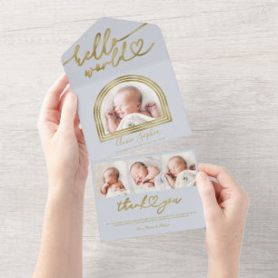 Hallo Wereld Chic Arch Frame Geboorteaankondiging All In One Uitnodiging