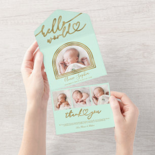 Hallo Wereld Chic Boog Frame Geboorteaankondiging All In One Uitnodiging
