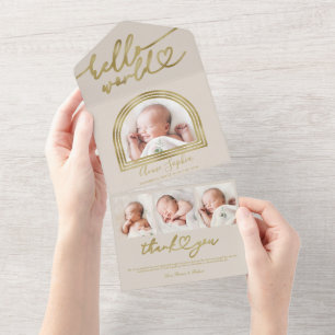 Hallo Wereld Chic Boog Frame Geboorteaankondiging All In One Uitnodiging