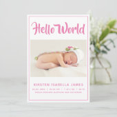Hallo Wereld Foto Baby Aankondiging Roze (Staand voorkant)