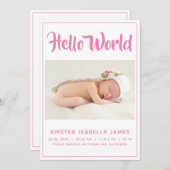Hallo Wereld Foto Baby Aankondiging Roze (Voorkant / Achterkant)