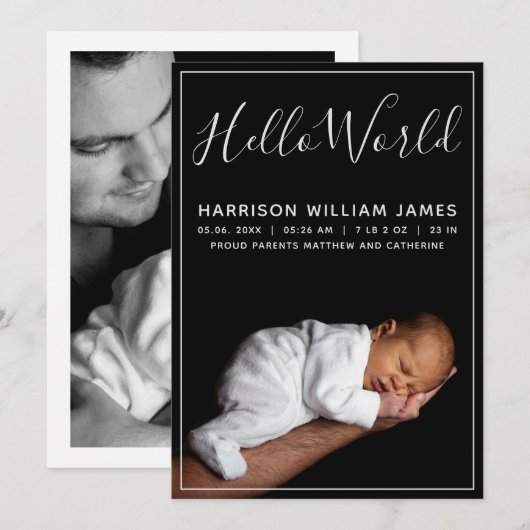 Hallo Wereld Foto Baby Geboorte Aankondiging (Voorkant / Achterkant)