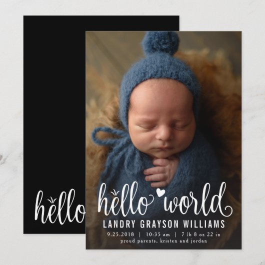 Hallo Wereld Foto Geboorte Stat aankondiging (Voorkant / Achterkant)