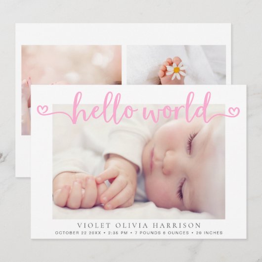 hallo Wereld Foto's Roze babymeisje geboorte Aankondiging (Voorkant / Achterkant)