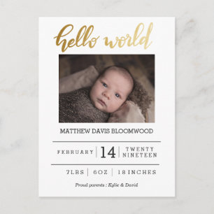 Hallo Wereld Geboorteaankondiging Pasgeboren Foto Aankondigingskaart