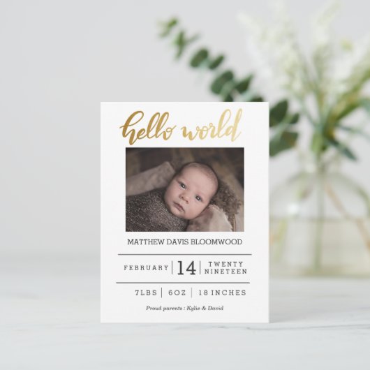 Hallo Wereld Geboorteaankondiging Pasgeboren Foto Aankondigingskaart (Staand voorkant)
