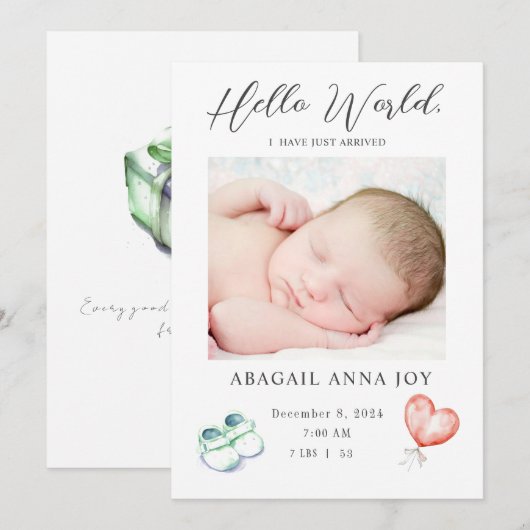 Hallo Wereld I net aangekomen Baby aankondiging (Voorkant / Achterkant)