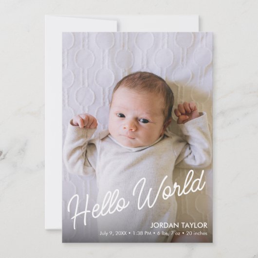 Hallo Wereld Modern Script Pasgeboren Baby Geboort Aankondiging (Voorkant)