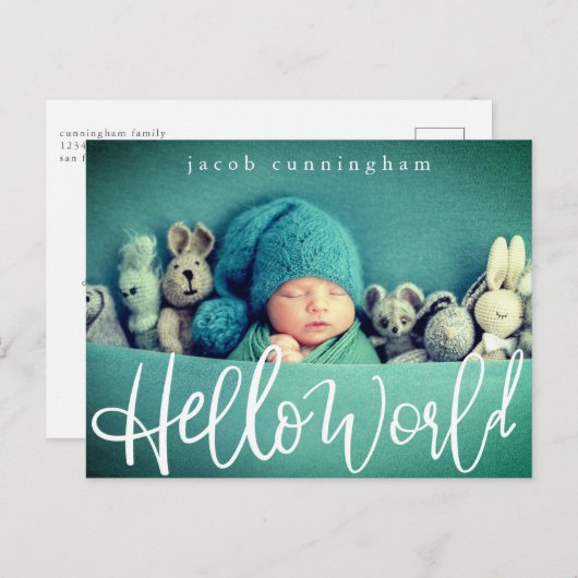 hallo wereld! Moderne Baby geboorte afspeelscript Aankondigingskaart (Voorkant / Achterkant)