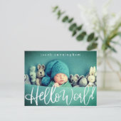 hallo wereld! Moderne Baby geboorte afspeelscript Aankondigingskaart (Staand voorkant)