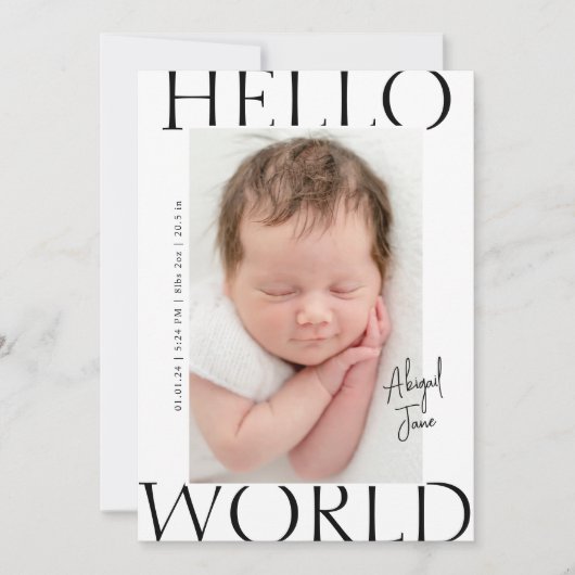Hallo _ wereld | Moderne minimalistische Baby-foto Aankondiging (Voorkant)