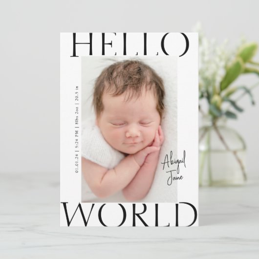 Hallo _ wereld | Moderne minimalistische Baby-foto Aankondiging (Staand voorkant)