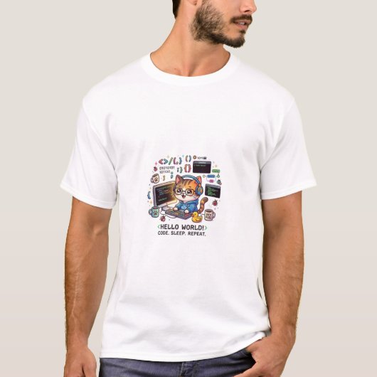 Hallo Wereld! Programmeur Kat T-Shirt - Code Slaap (Voorkant)