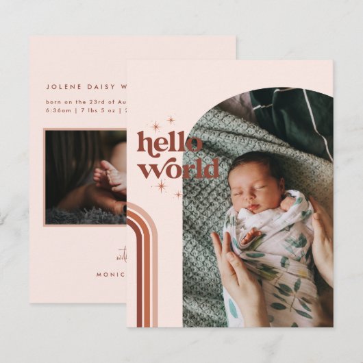 Hallo Wereld | Retro Boho Geboorteaankondiging (Voorkant / Achterkant)