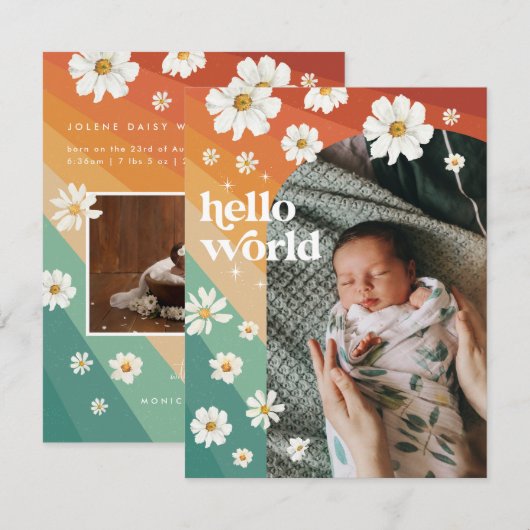 Hallo Wereld | Retro Boho Geboorteaankondiging (Voorkant / Achterkant)