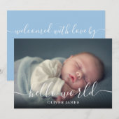 Hallo Wereld Script Baby Jongen Blauwe Geboorte Aankondiging (Voorkant / Achterkant)