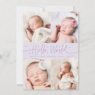 Hallo Wereld Script Lilac Meerdere Foto's Geboorte Aankondiging